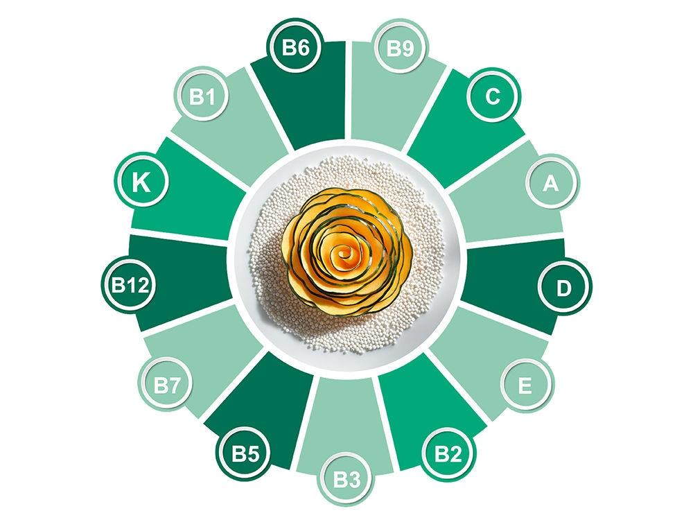 Una rosa calabaza sobre un lecho de amaranto hinchado rodeada por una rueda de las 13 letras de la vitamina A a la K.