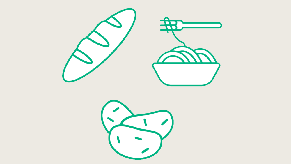 pan, patatas y pasta con ilustración verde de tenedor