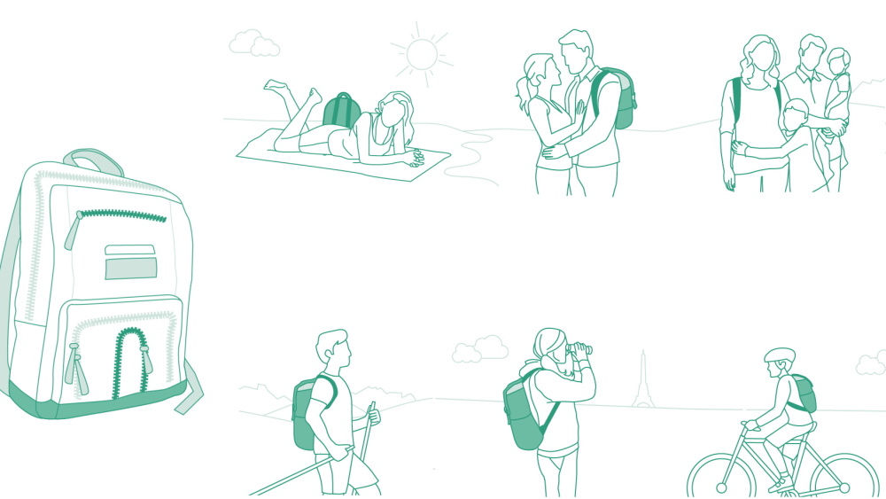 ilustraciones verdes mochilas en diferentes situaciones