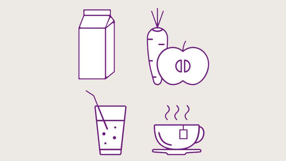 ilustración de leche, té, agua con gas, zanahoria y manzana morada