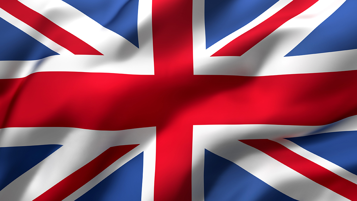 Flag of United Kingdom, Great Britain blowing in the wind. Full page British flying flag. Union Jack flag. 3D illustration., Flag of United Kingdom, Great Britain blowing in the wind. Full